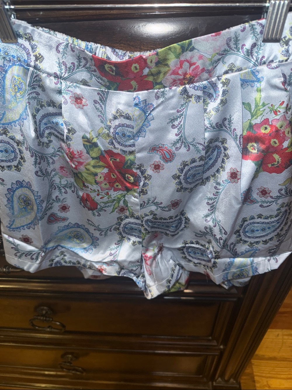 Umgee Satin Lounge Shorts in Light Blue with Red Floral Print